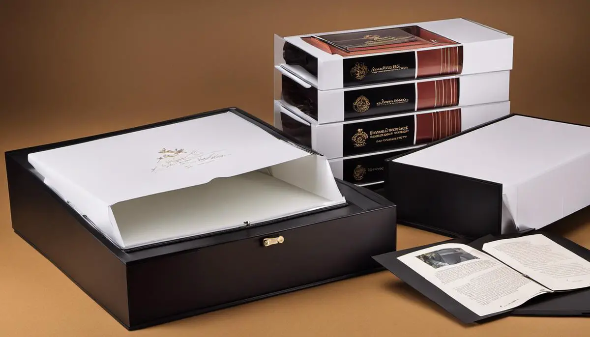 A selection of acid-free materials for autograph storage and preservation: acid-free paper, storage boxes, protective sleeves, and display cases.
