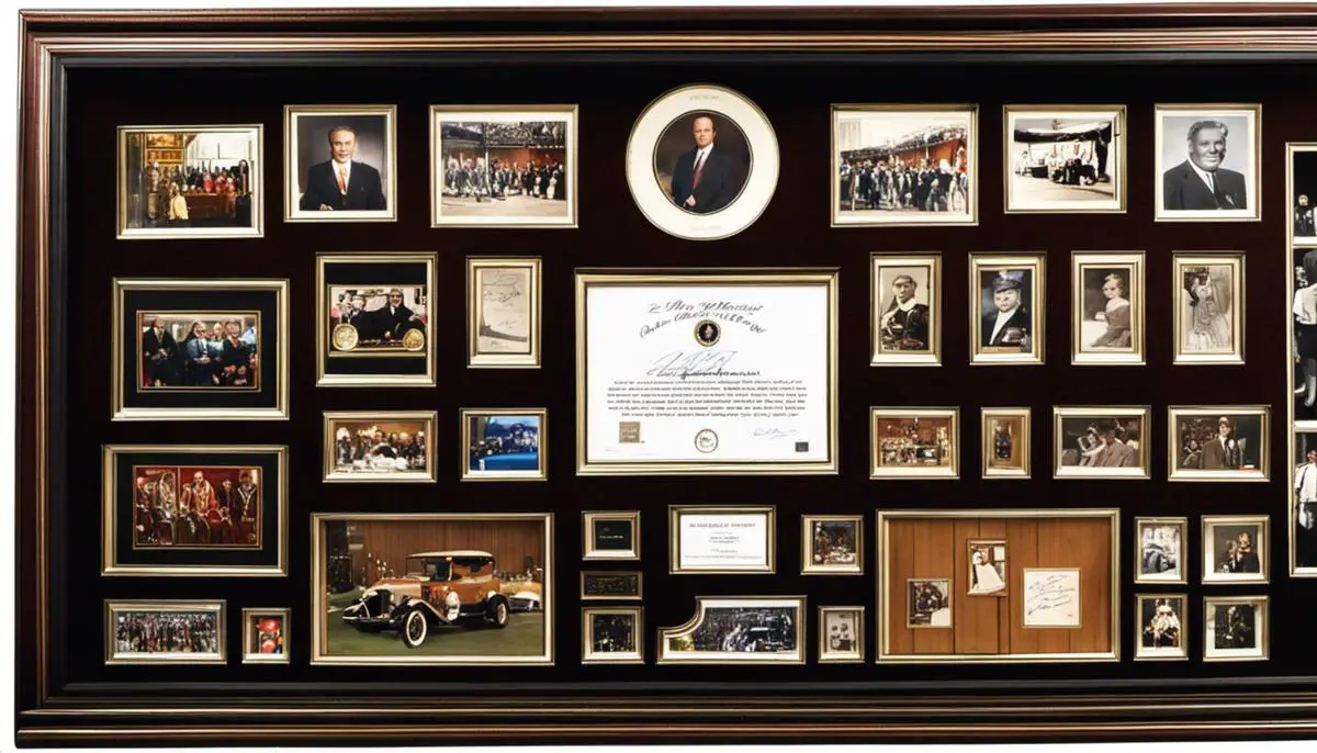 A photo of an autograph collection with various autographs neatly organized in a display case.