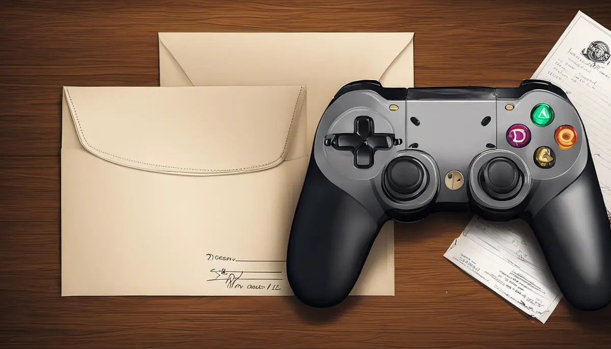 Image depicting a hand written fan mail letter addressed to a game developer with a gaming controller and envelope.
