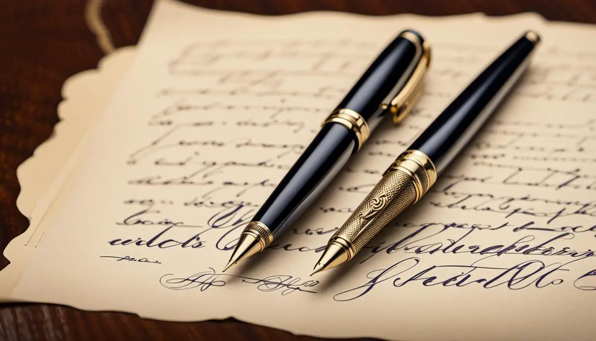 A vintage pen on top of a paper with an autograph, representing legislation governing collectibles and autographs.