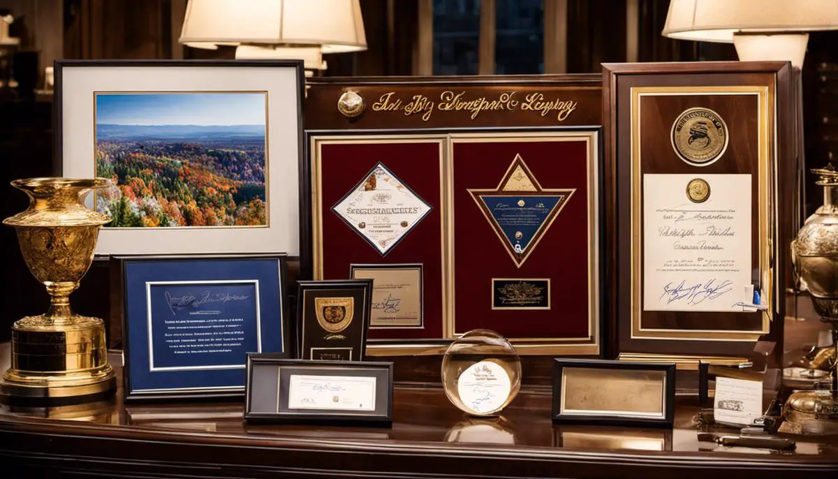 A group of autographed items displayed on a table with a spotlight, symbolizing the autograph investment market.