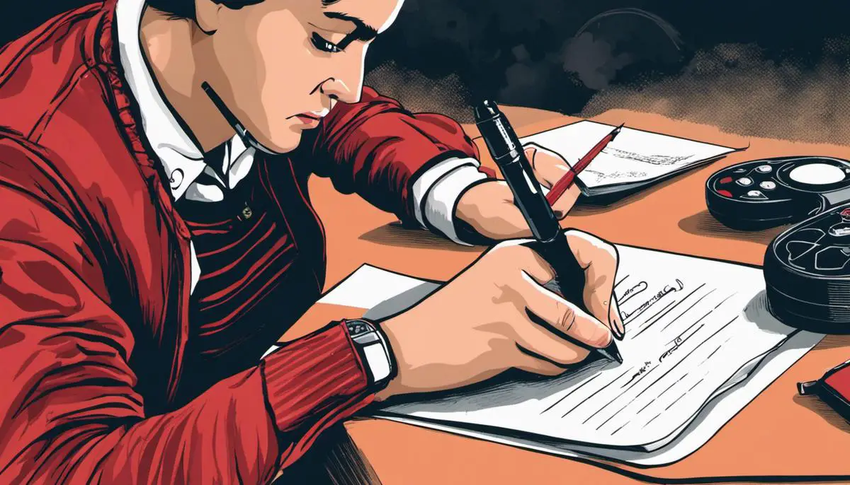 Illustration showing a person writing a letter with a game controller in the background.